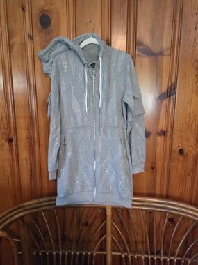 AKIRA Silver-Embellished Gray Hooded Zip Up Dress